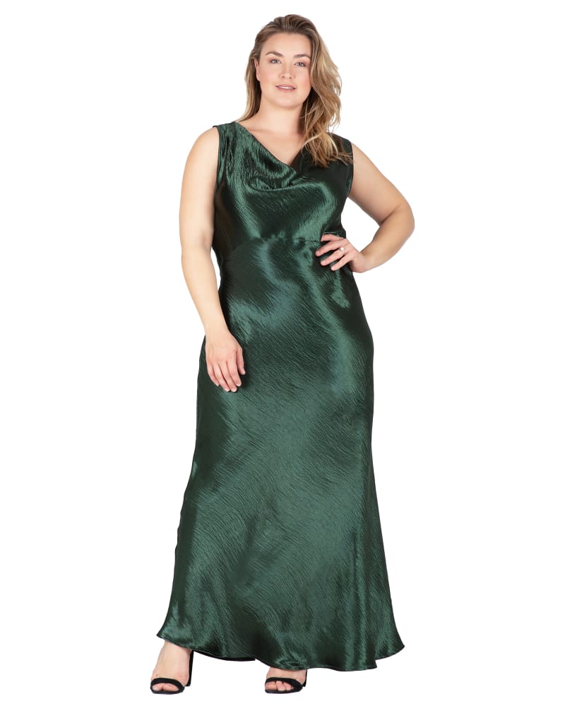 Front of a model wearing a size L Marilyn Cowl Neck Satin Maxi Dress in Green by Standards & Practices. | dia_product_style_image_id:280745